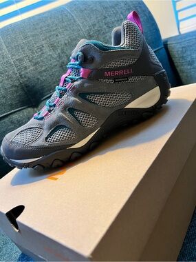 Merrell Gray Hiking Shoe with Pink and Teal Accents Yokota 2 Mid Waterproof